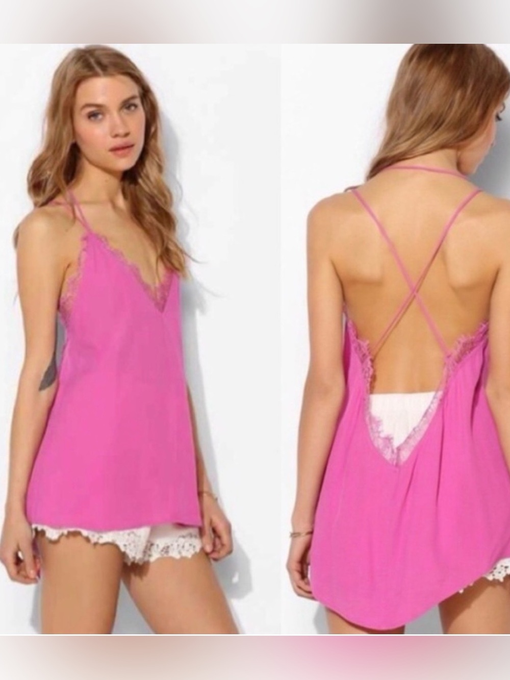 Silence + Noise | Fuchsia Lace Trim V-Neck Camisole Tank Top, S